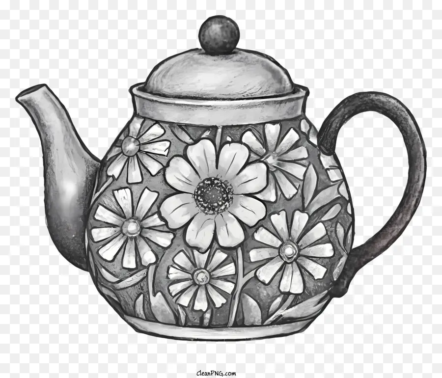 Blumenmuster - Schwarz -Weiß -Zeichnung der Teekanne mit Blumenmuster