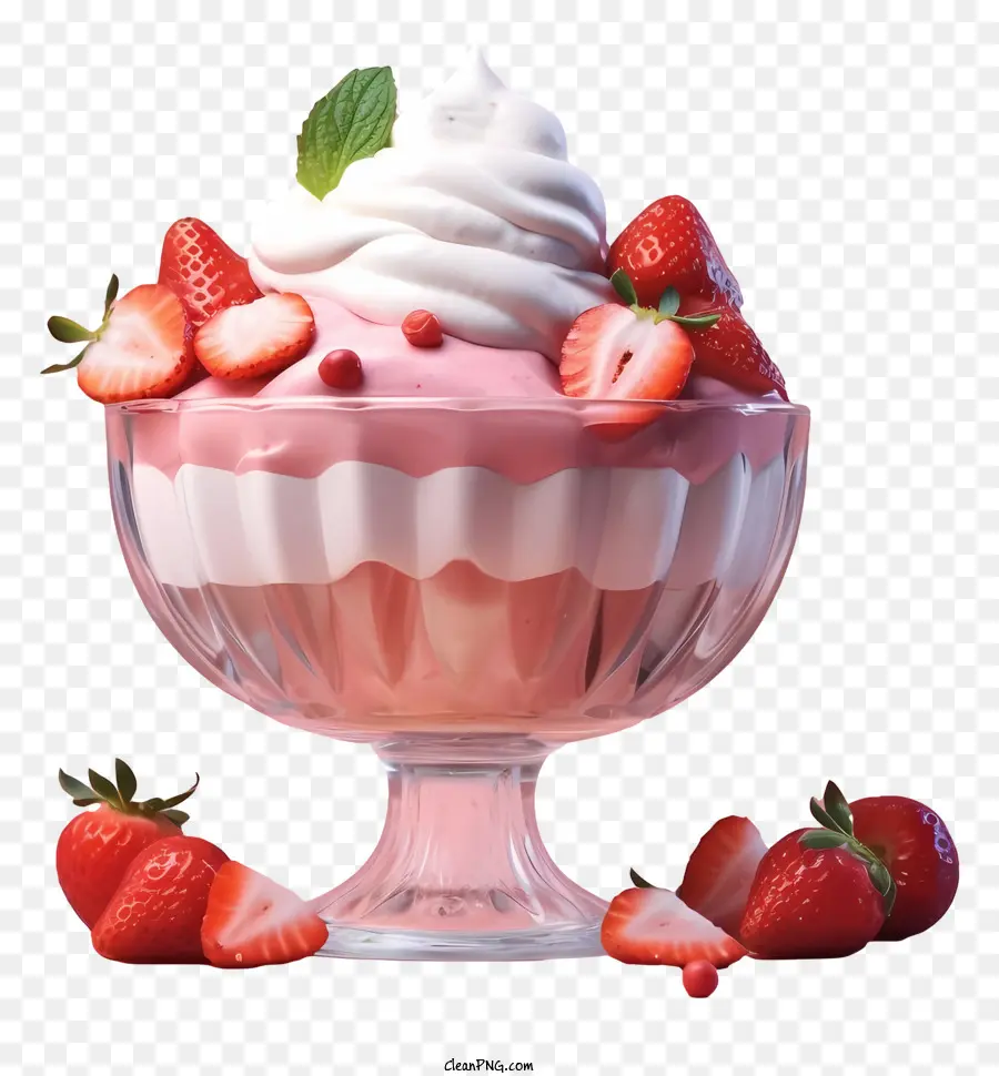 Erdbeer -Sonnendae Schlagsahne Vanilleeis Erdbeeren Glasschale Glasschale - Erdbeer -Sonnendae mit Eis und Beeren