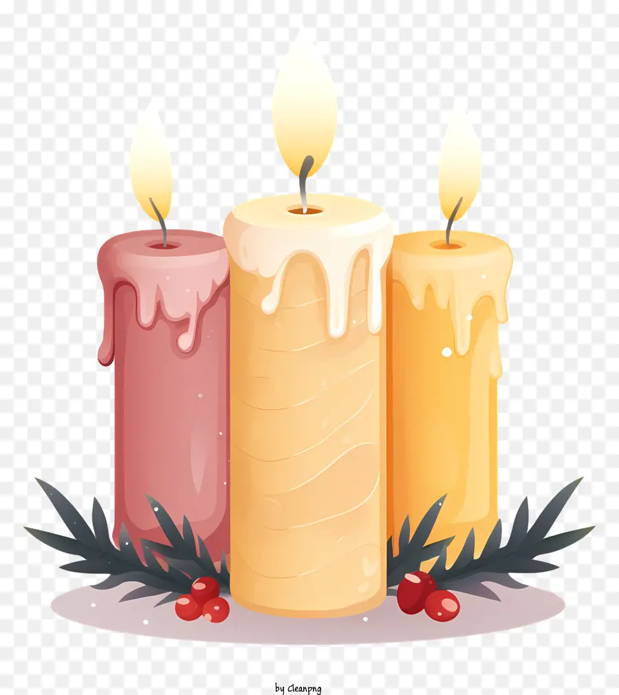 Kerzen Wachs Tropfen rote Kerze weiße Kerzengrüne Blätter - Nahaufsicht von drei Kerzen mit Wachsnutzungen, umgeben von grünen Blättern auf einem schwarzen Hintergrund