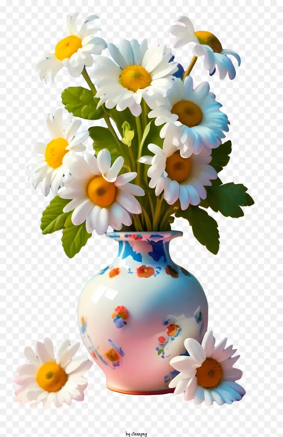 florales Design - Vase der weißen Gänseblümchen, die von weißen Blumen umgeben sind
