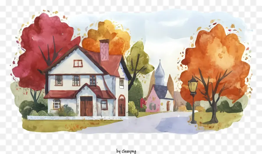 Casa di mattoni rossi di campagna Foglie di foglie di arancione - Scene vibrante di campagna con casa in mattoni e alberi