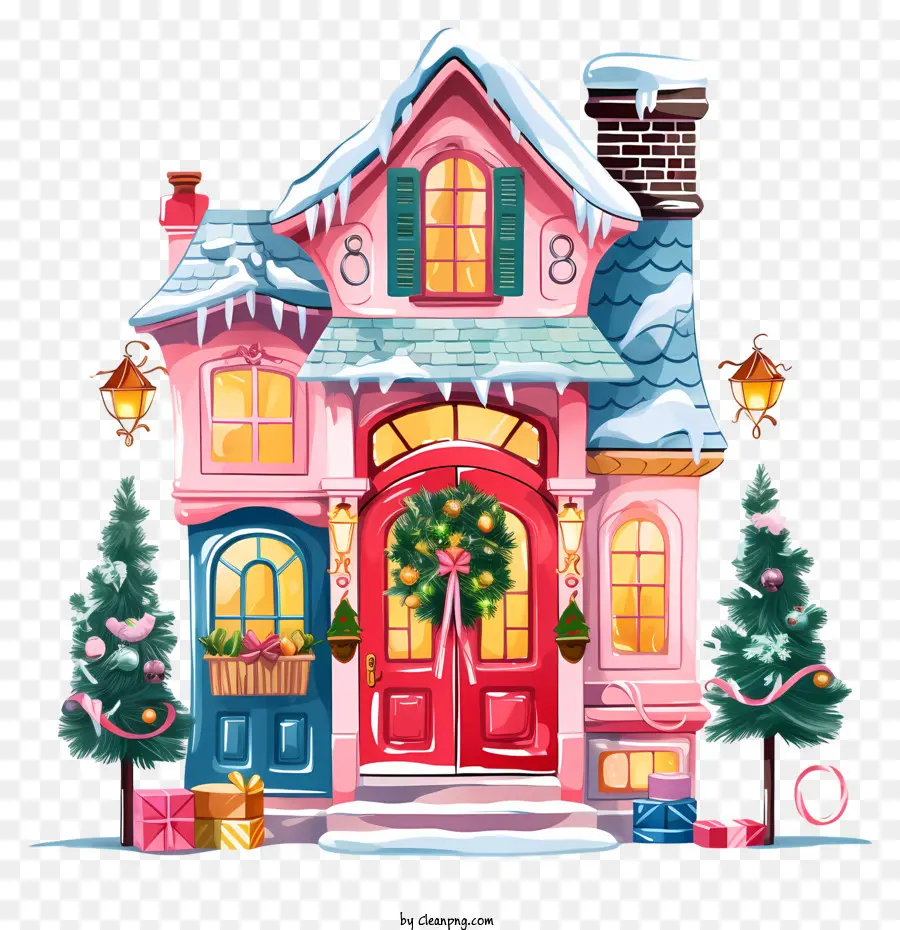 Weihnachten Haus - Festliches Weihnachtshaus mit roter Tür und Fenstern