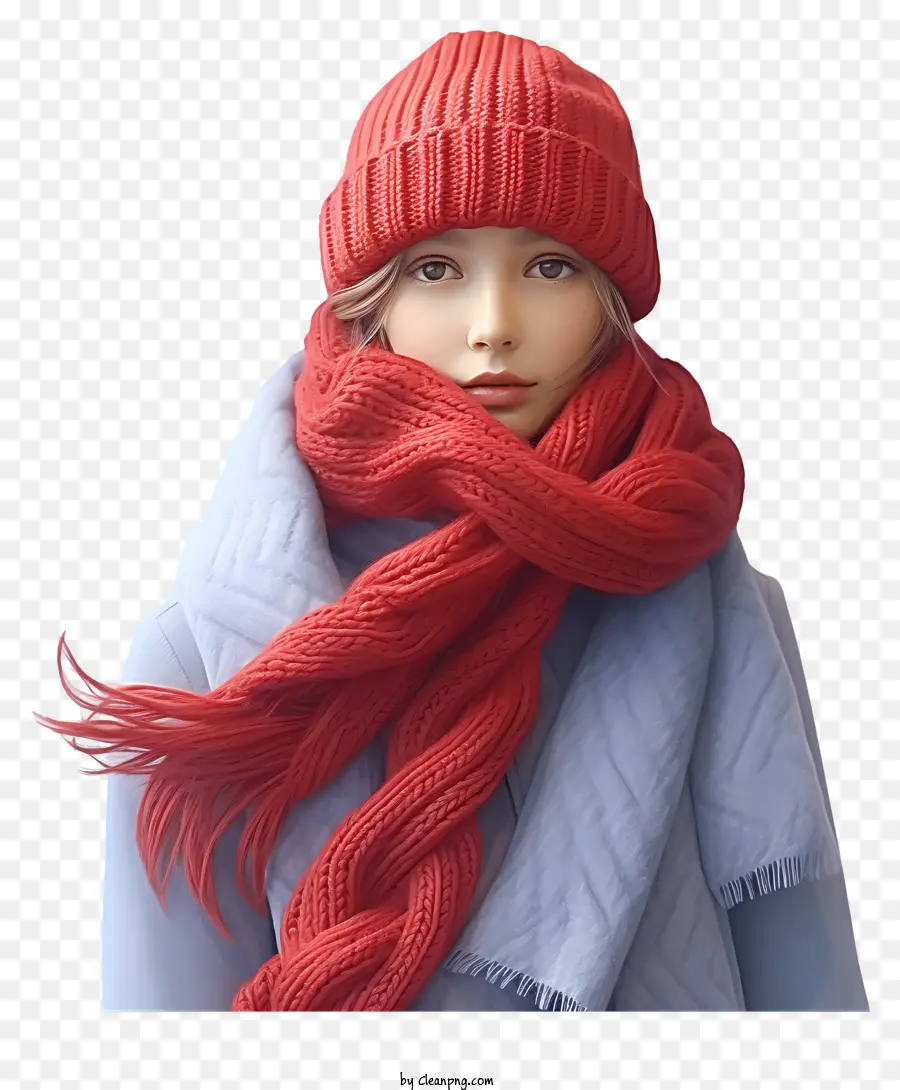 woman fashion red scarf blue coat hooded coat serious expression
