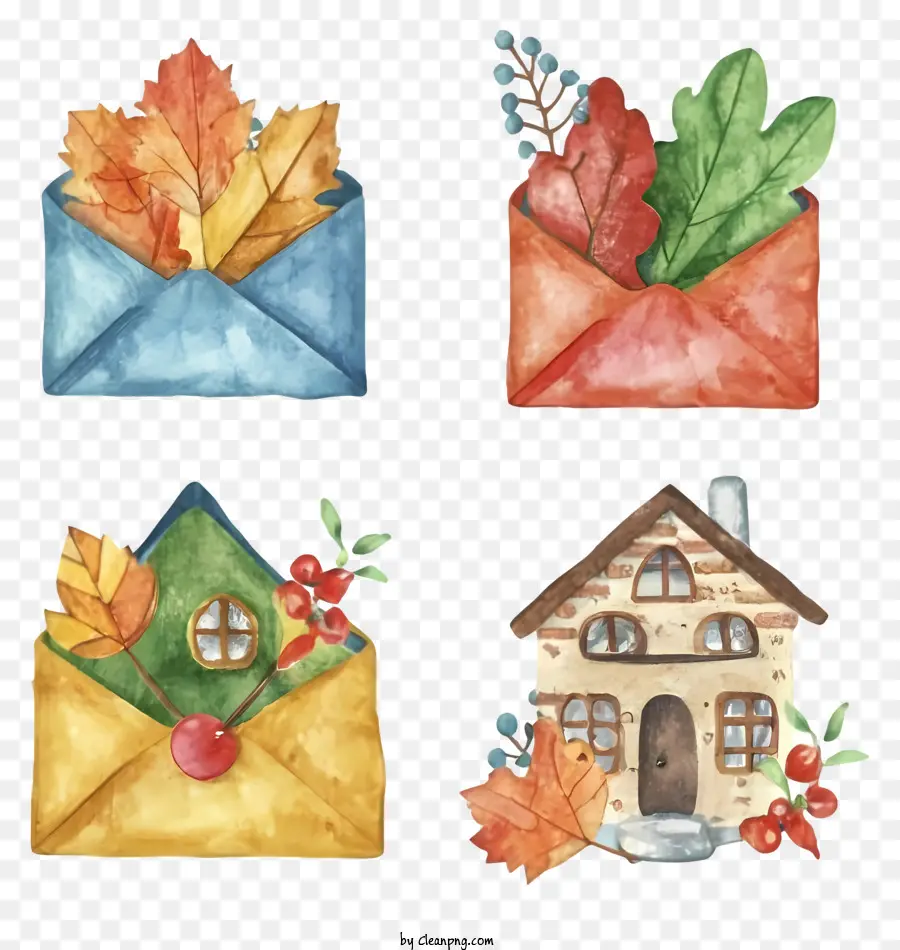 Aquarellmalerei Brief und Umschlag Haushaufen Blätterhaufen Blumenhaufen - Aquarellmalereien zeigen Buchstaben, Haus, Blätter, Blüten, die sich ändernde Jahreszeiten darstellen