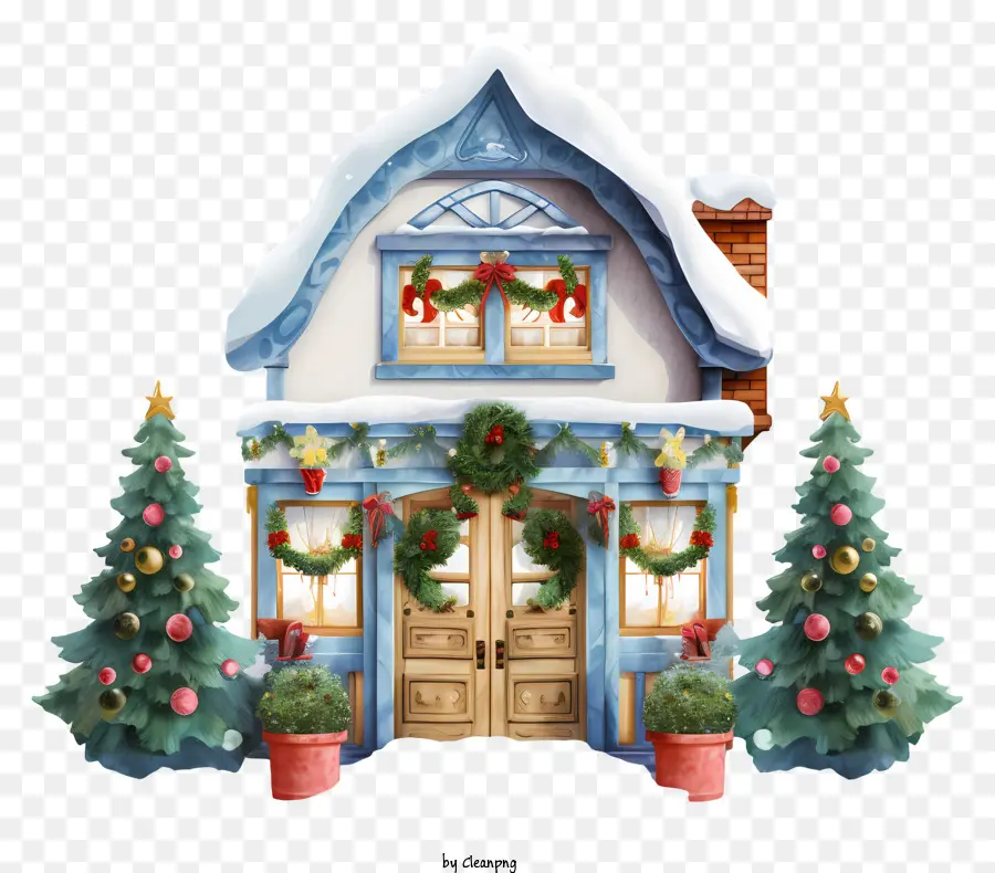Weihnachtsdekoration - Winterszene mit dekoriertem Weihnachtshaus im Innenbereich und im Freien