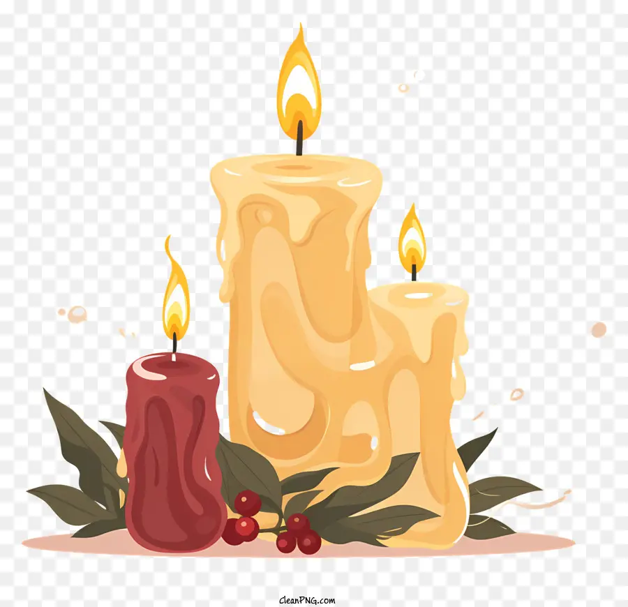 candele accandate candele a lume di candela rossa - Candela di cera illuminata con bacche rosse sulla superficie di legno