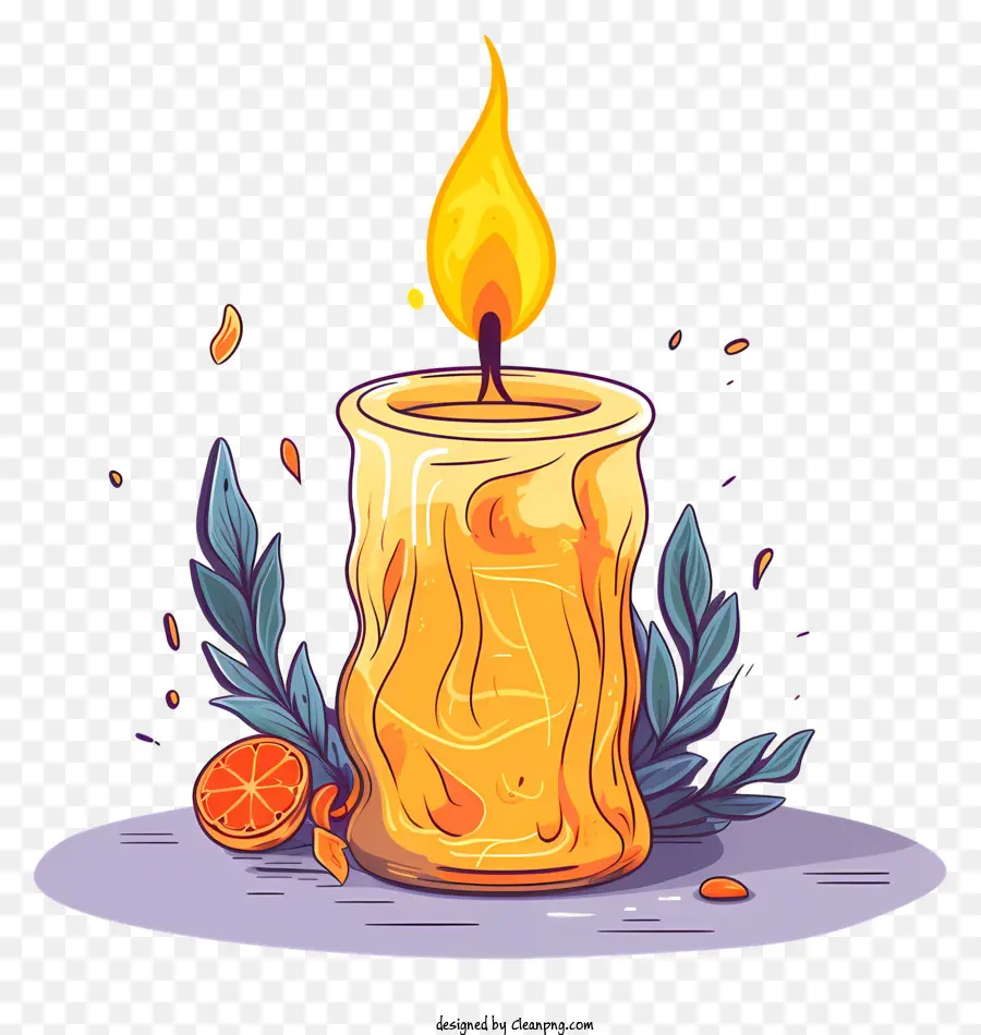 Kerzenzündige Kerzenflamme Orangen Blätter - Zeuchte Kerze mit Orangen und Blättern auf schwarzem Hintergrund