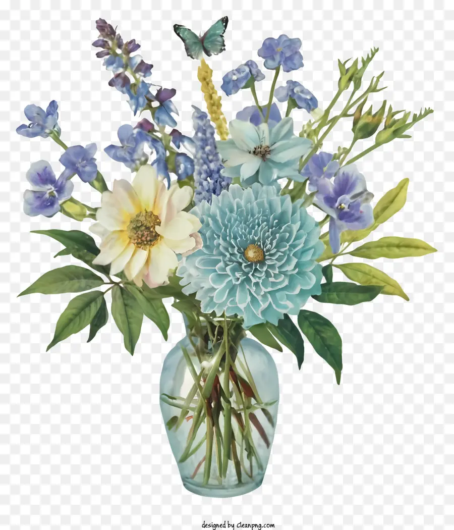 Blumenvase Blumen Arrangement Blaue Blüten lila Blüten gelbe Blüten Blumen - Farbenfrohe Blumen, die in Vase auf schwarzem Hintergrund angeordnet sind