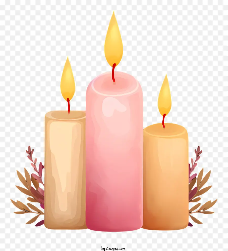 Pink Candles Dreieck Formation Flammende Kerzen gelbe Flammen geschwungene Dochte - Drei rosa Kerzen, die in der Dreiecksbildung angeordnet sind