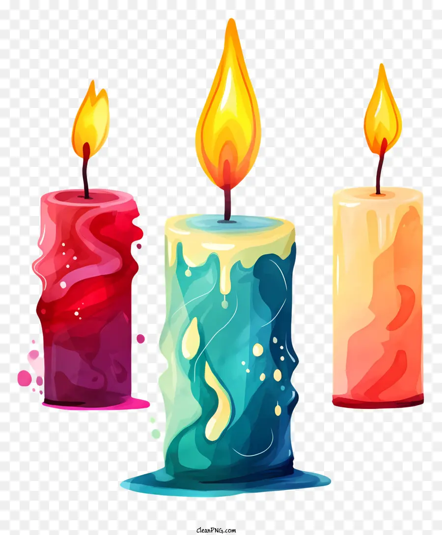 Bunte Kerzen Wachs tropfend Cartoon Stil schwarzer Hintergrund schwimmende Kerzen - Buntes Kerzenbild ruft Wärme und Nostalgie hervor