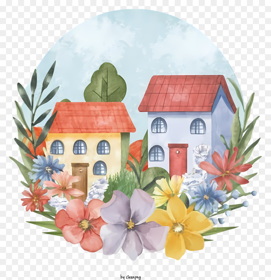 Aquarell Illustrationen Haus mit einem Garten Bunte Blumen Holz Veranda Sorte von Blumen - Aquarell Illustration des Hauses im farbenfrohen Garten