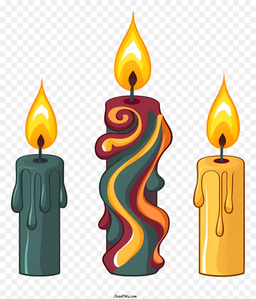 Candele disegna candela gialla arancione candela verde - Tre candele con disegni unici su sfondo nero