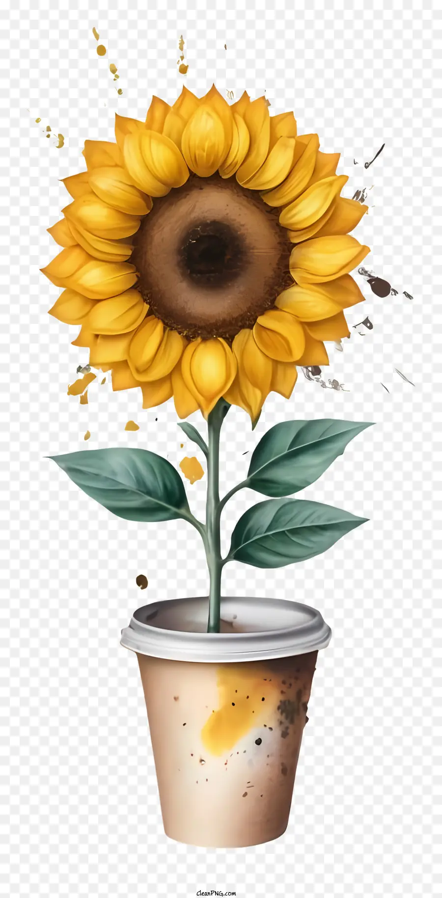 Sonnenblumenpflanze Plastikbecher Brauner Tasse Flecken auf Tasse - Realistisches Bild der Sonnenblumenpflanze in Tasse