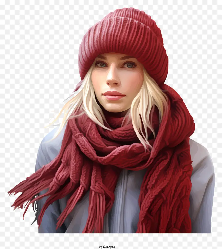 red scarf red beanie woman long blonde hair fair complexion