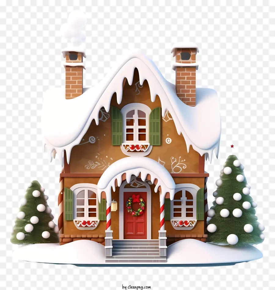Haus mit rotem Dach schneebedecktes Haus weiß bedecktes Haus grüne Büsche Kranz an der Tür - Schneebedeckter Haus mit rotem Dach und Dekorationen
