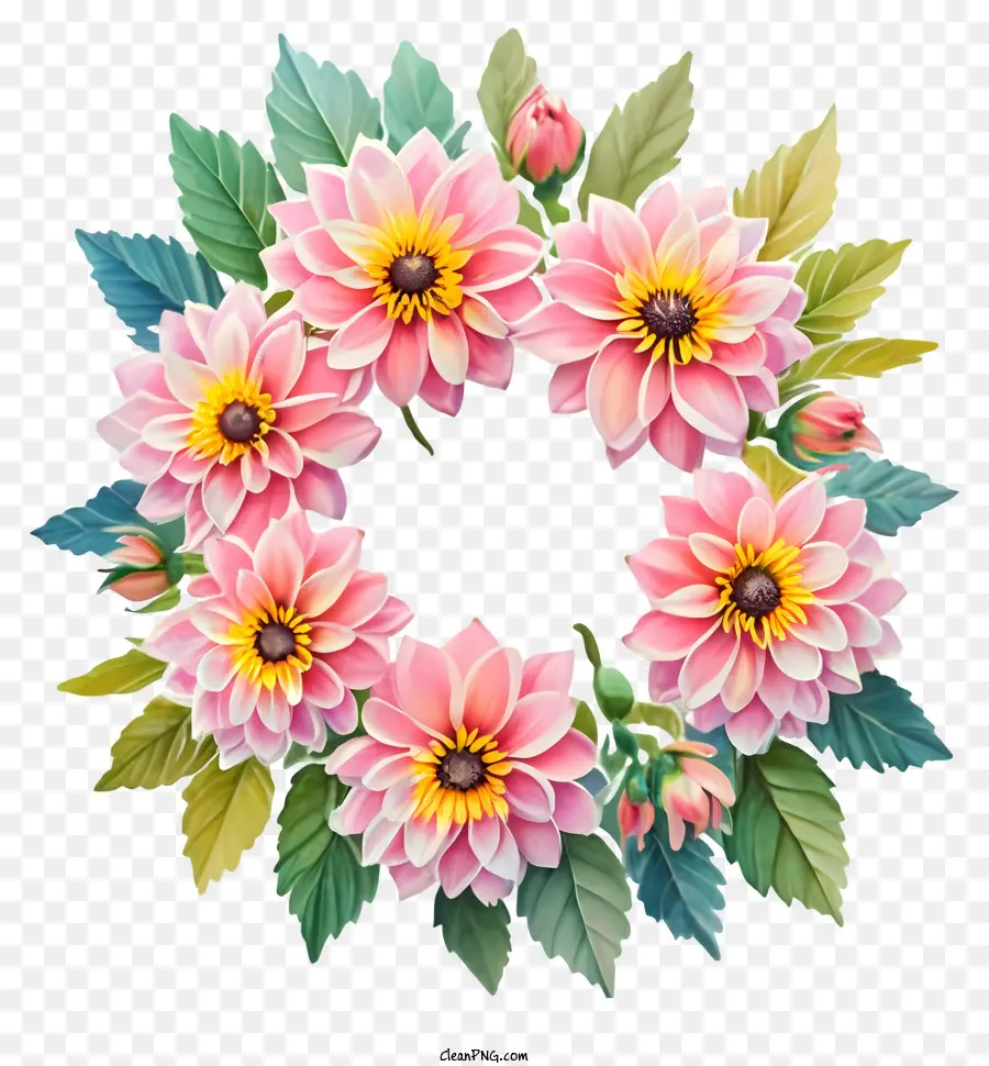 wreath pink flowers yellow center green leaves black background