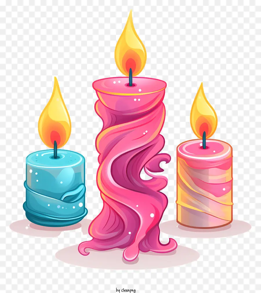 Candele cartoni animati Candele colorate Candela blu blu rosa Candela verde - Tre candele tremolanti in modo diverso con bagliore