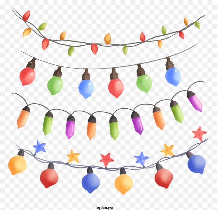 Weihnachtsbeleuchtung - Weihnachtslichter verschiedener Farben und Formen, nicht transluzent, vom Draht hängen, auf schwarzem Hintergrund