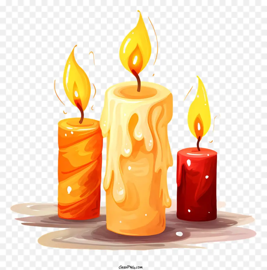 Leuchtete Kerzen Tisch Kerzen Wachs Kerzen Flammen Dochts - Drei beleuchtete Kerzen mit flackernden Flammen und tropfendem Wachs