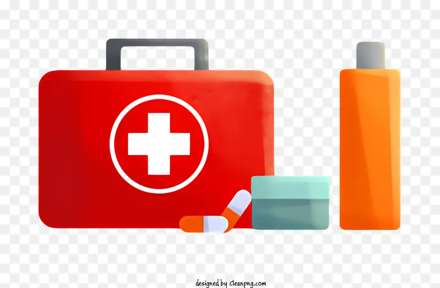 first aid kit pill bottle red and white striped bandage bandages scissors