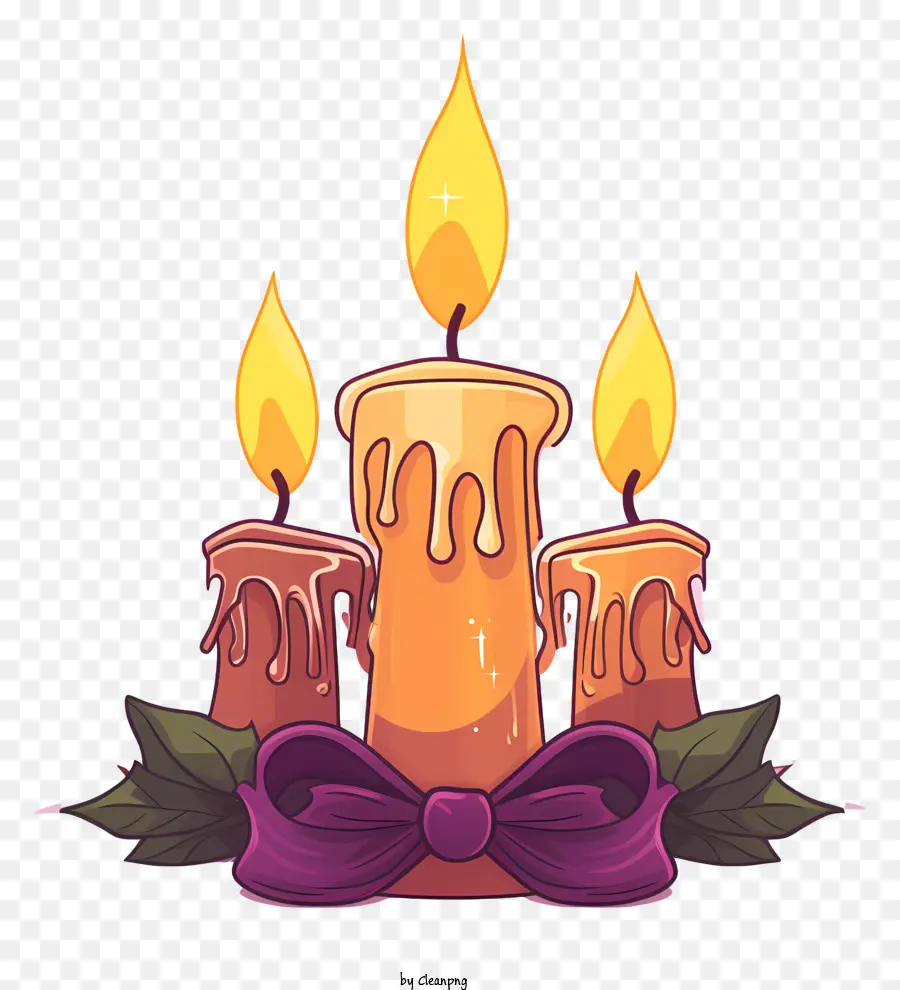 Beleuchtete Kerzen weiße Wachskerzen Gold Tropfenbänder auf Kerzen Verschiedene farbige Bänder - Drei Kerzen mit Bändern in verschiedenen Farben