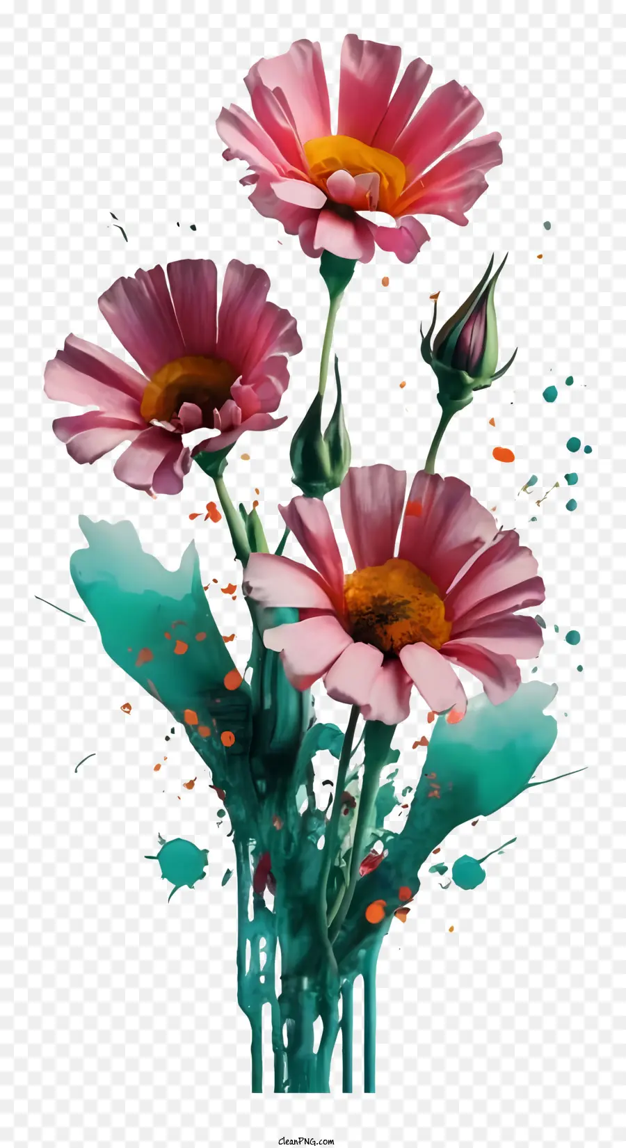 Lack Splatter - Rosa Blumen mit grüner Farbe auf Vase