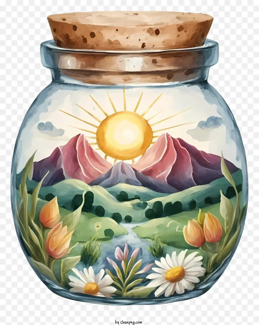 Fiori d'acqua del barattolo di vetro Montagne Montagne - Immagine serena con barattolo, fiori, montagne, sole