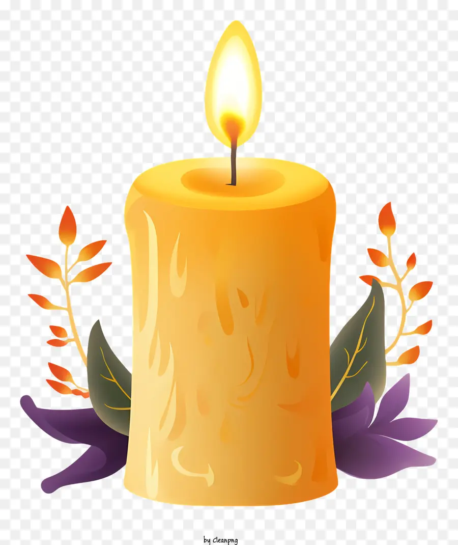 Kerzenleuchtete Kerzengelbe Kerze Langes Docht Orangenblätter - Leuchtende Kerze mit orangefarbenen Blättern und Blumen
