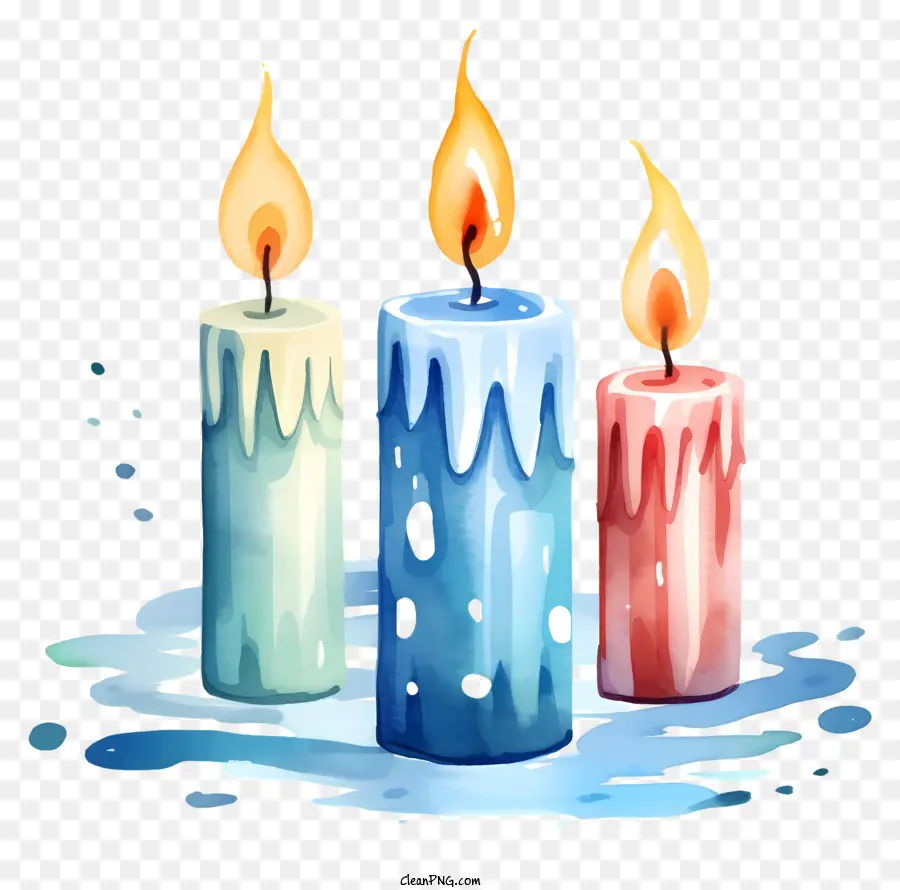 Brennende Kerzen farbenfrohe Kerzen Wasser spritzt blaue Flamme lila Flamme - Realistische Aquarellkerzen mit lebendigem, spritzendem Wasser