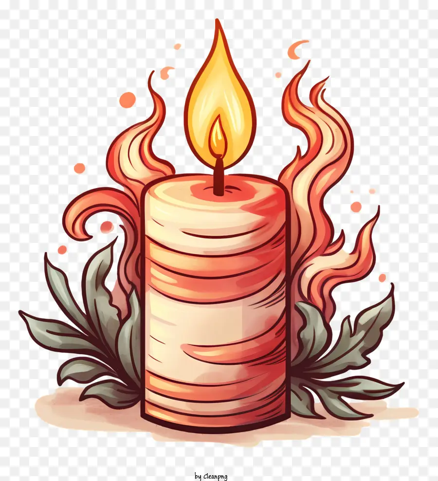 fiamme in fiamme foglie candela di cera di sfondo scuro - Bruciare la candela con fiamme e foglie circostanti