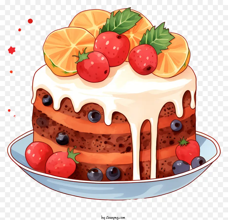 cake creamy frosting strawberries orange slices dripping effect