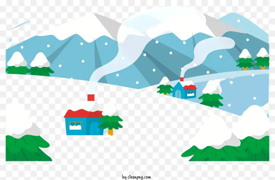 Winterszene Haus schneebedeckte Bäume Berge Rauch - Winterhaus umgeben von schneebedeckten Bäumen und Bergen