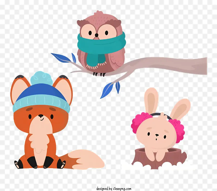 paesaggio invernale - Tre animali con cappelli su un ramo