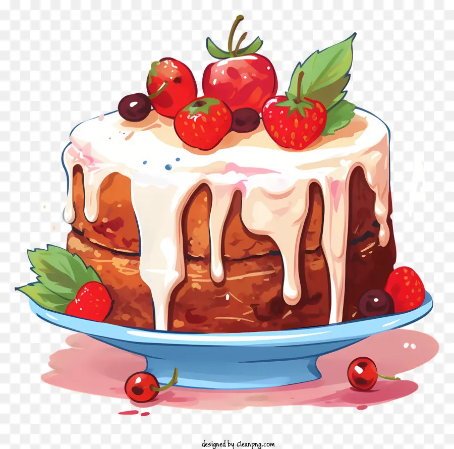 Schokoladenkuchenkuchen mit Eiskuchen -Toppings Erdbeeren Schlagsahne - Schokoladenkuchen mit Erdbeeren, Creme, auf blauer Teller