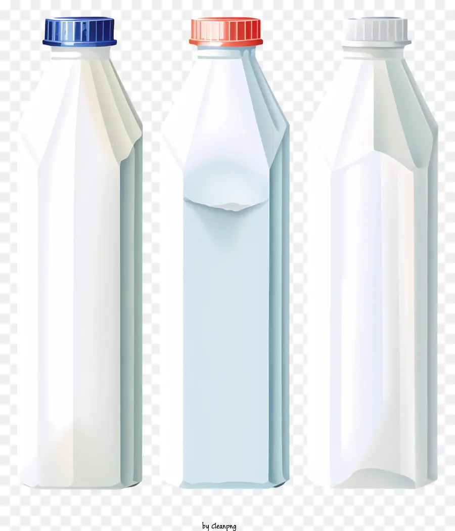 bottiglie di plastica bianca coperchi blu blu set di sacchetti di plastica trasparente di tre bottiglie bottiglie vuote - Set di tre bottiglie di plastica bianca con coperchi blu e sacchetto di plastica trasparente