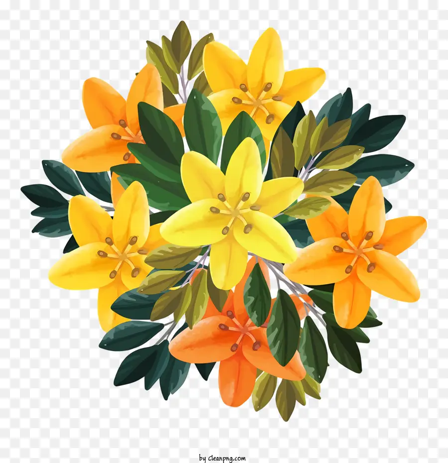 lily flowers bouquet yellow flowers pointed petals circular arrangement