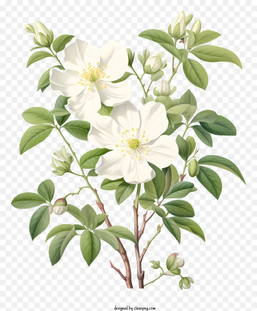 weiße Blume - Weiße Rose mit grünen Blättern auf schwarzem Hintergrund