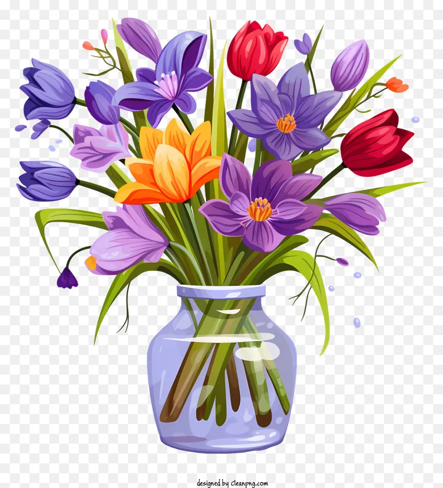 Blumen Vase Tulips Krokusse Narzissen - Farbenfrohe Blumenarrangement in Glasvase auf Schwarz