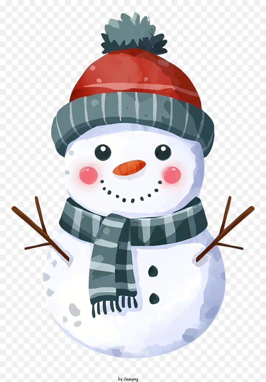 Schneemann - Schneemann im roten Hut, Schal, lächelndes Gesicht