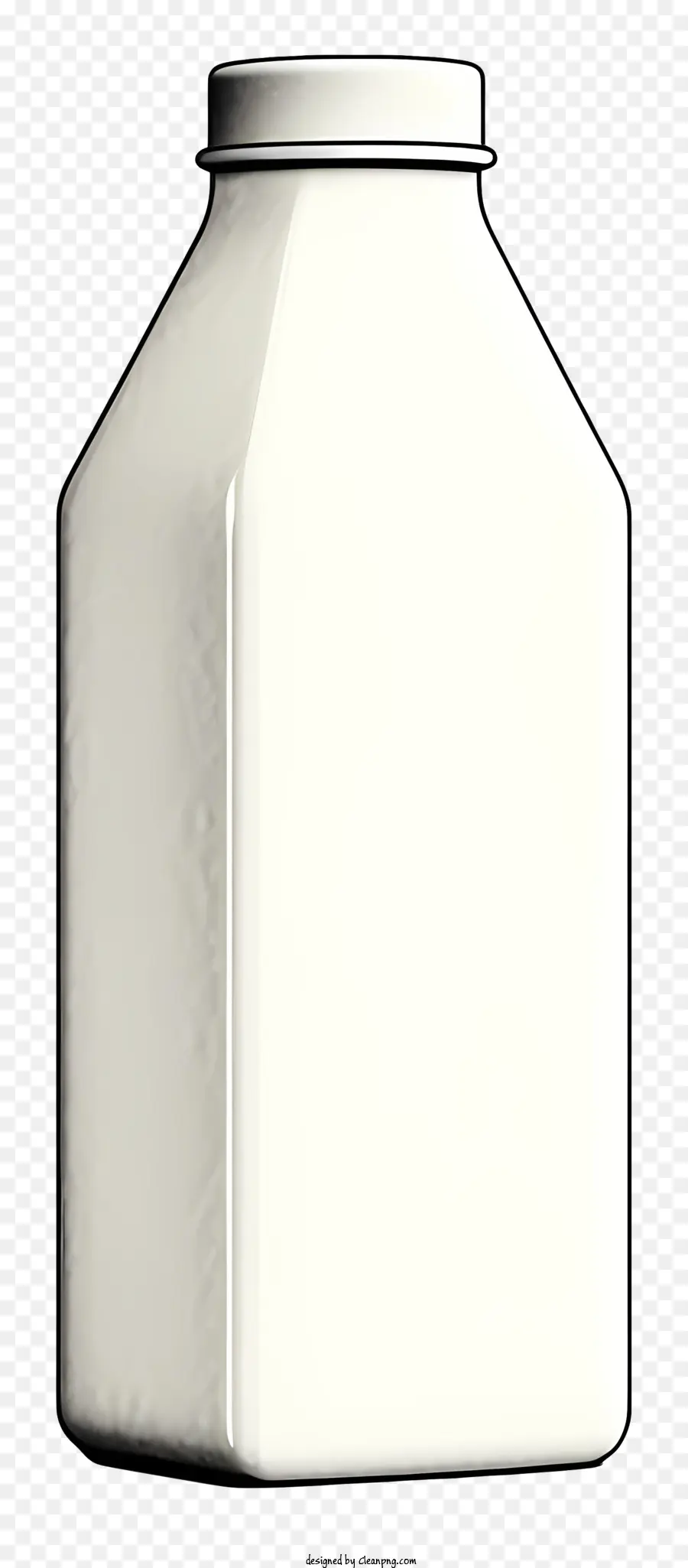 Kunststoff Flasche - Weiße Plastikflasche mit runden Körper und gebogenem Hals, sitzt auf schwarzem Hintergrund, mit großem runden Etikett, teilweise mit weißem Aufkleber mit schwarzem Text bedeckt