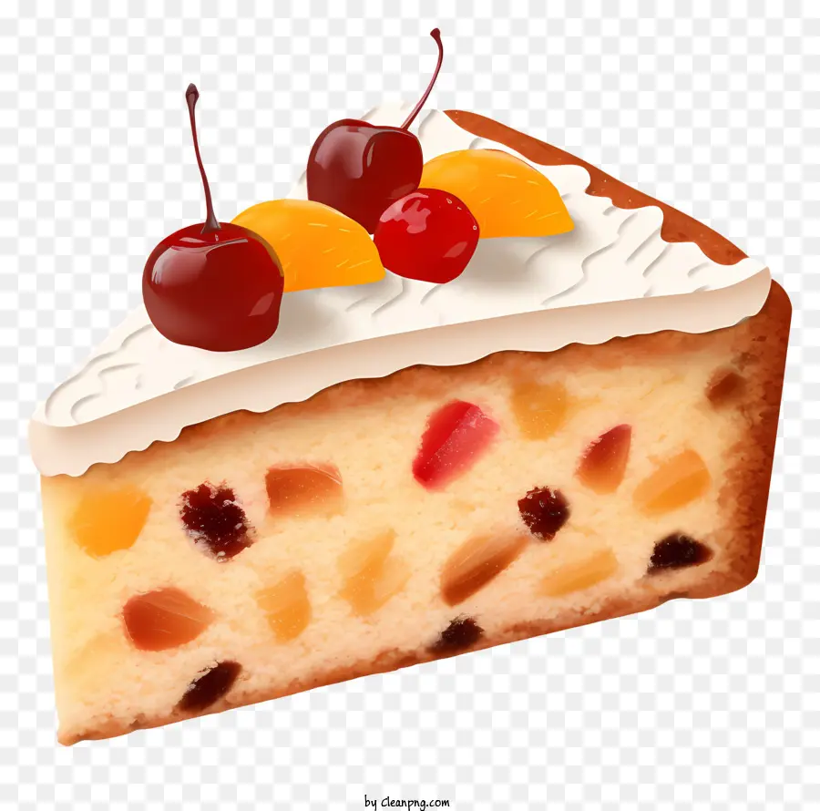 fruit cake white frosting slices of fruit cherries oranges