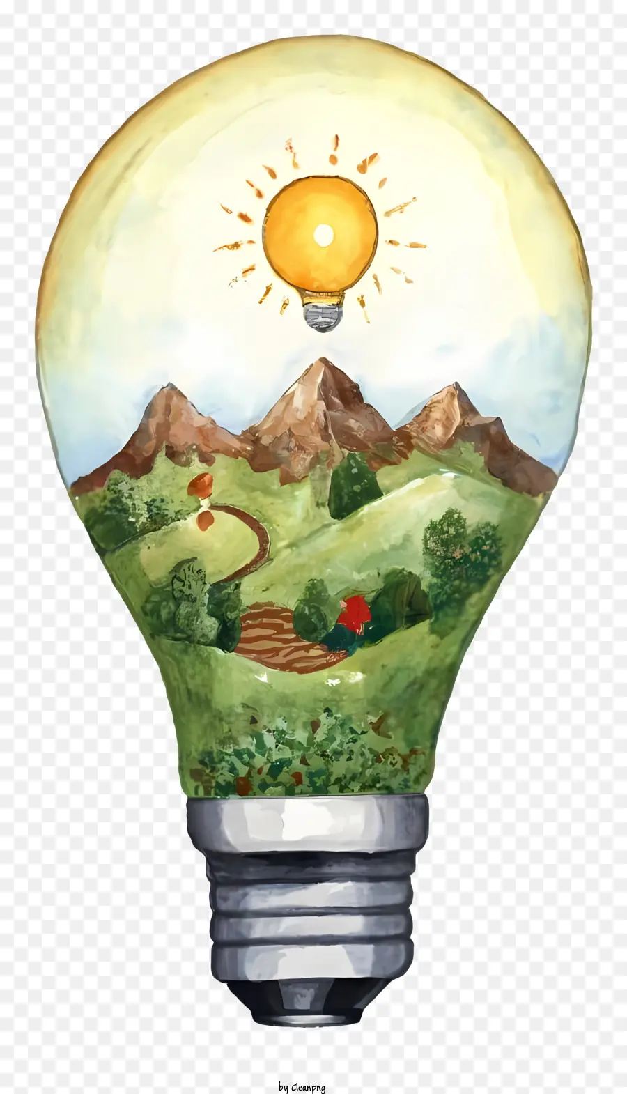 Glühbirne - Beleuchtete Glühbirne mit Aquarelllandschaft symbolisiert Positivität und Kreativität