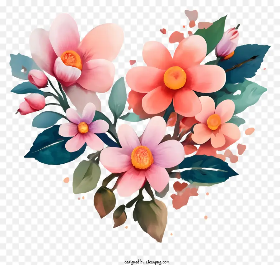 Blume Herzmalerei Blumenherzkunstwerk Aquarell Herz mit Blumen Herzförmigem Blütendruck rosa und orange Blumenherz Herz - Herz aus Blumen und Blättern auf Schwarz
