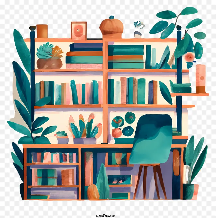 Libri di libreria Piante Piante Studio - Immagine ad acquerello di scaffali, piante e sedia