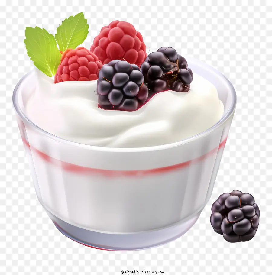 sfondo bianco - Ciotola di vetro di yogurt cremoso con bacche