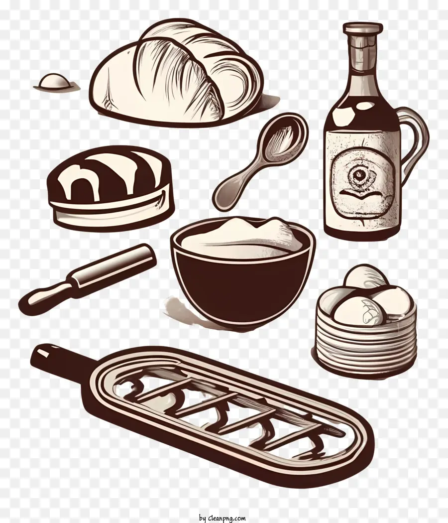 Bäckerei Gegenstände Brot Rolling Pin Mehl Mischschale - Vielfalt von Holzbäckereien auf schwarzem Hintergrund