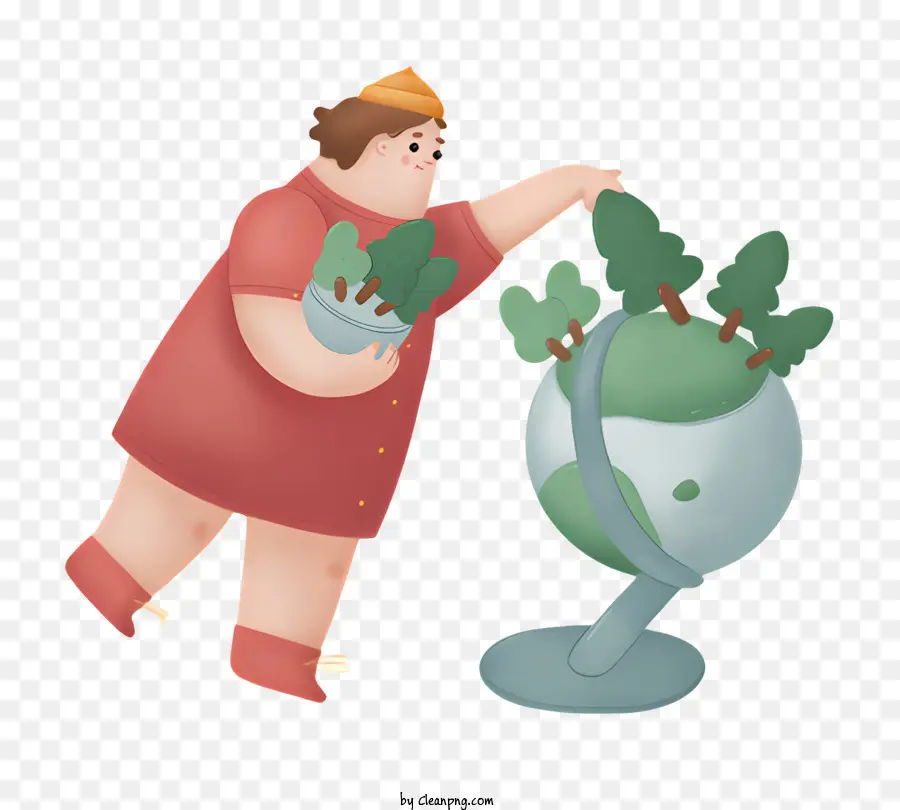 potted plant globe red dress curly hair smiling