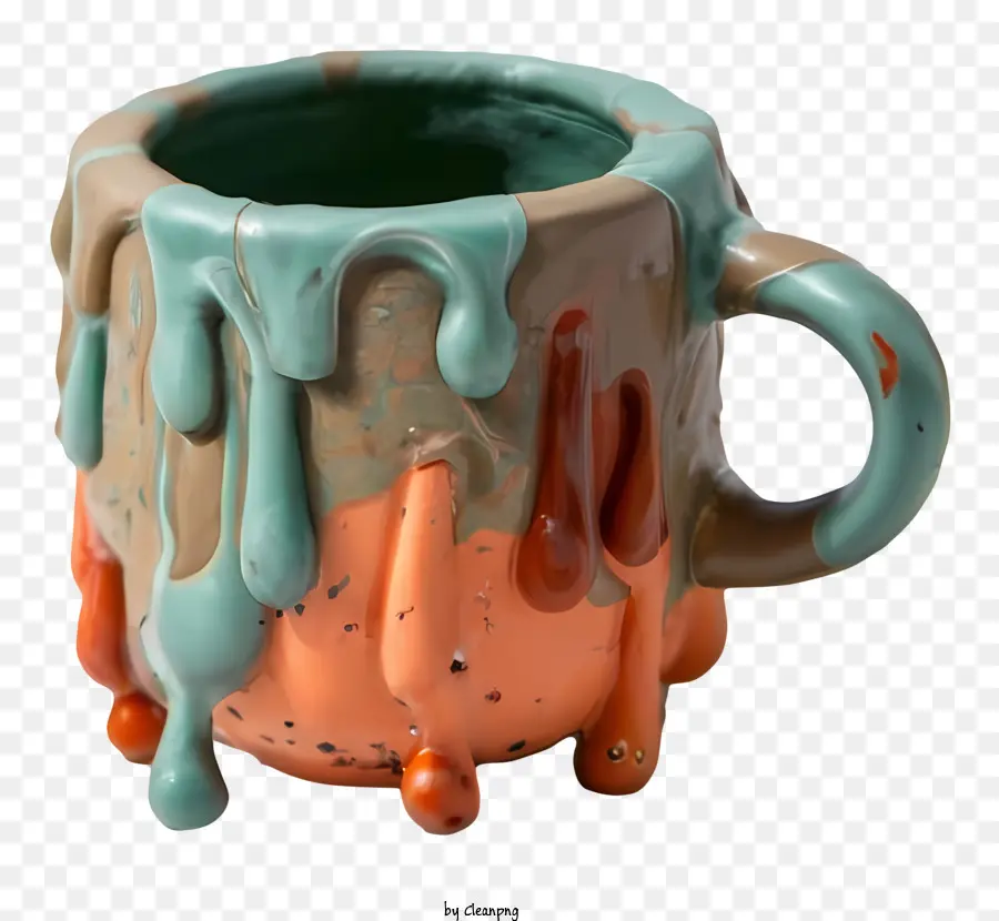 Keramikbecher tropfende Farbe grün und orangefarbener Farbe knackte Tasse dunkler Hintergrund - Bunte Keramikbecher mit Rissen auf der Seite