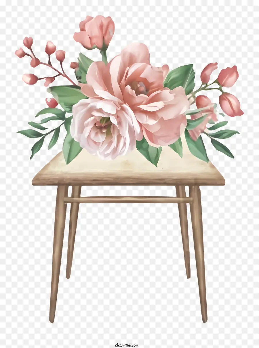 bàn gỗ - Bàn gỗ với hoa màu hồng và màu xanh lá cây