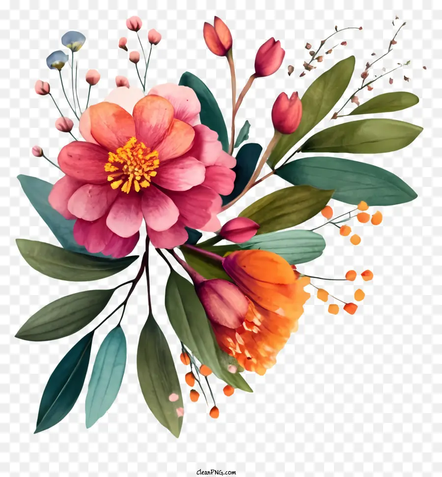pittura ad acquerello bouquet rosa fiori fiori arancioni fiori verdi - Vibrante pittura ad acquerello di bouquet floreale dettagliato